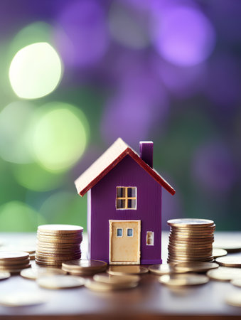 House model and coins on blurred bokeh background. Investment and saving concept.の素材