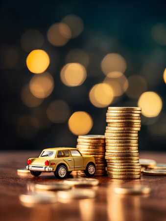 Miniature car and stack of coins on dark background with bokehの素材