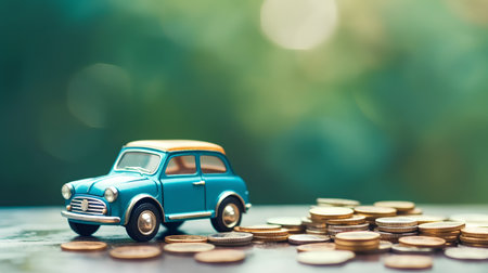 Miniature toy car with coins on green bokeh background.の素材