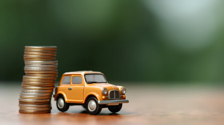 Miniature car and stack of coins on blurred background. Saving money concept.の素材