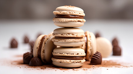Chocolate macarons and chocolate candies on a white backgroundの素材