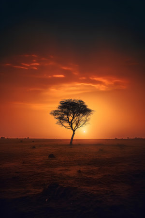 Beautiful sunset over african savanna landscape with lonely tree.の素材