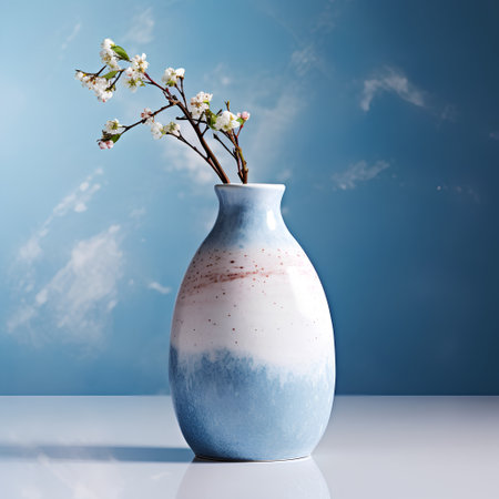 Ceramic vase with blooming branches on a blue backgroundの素材