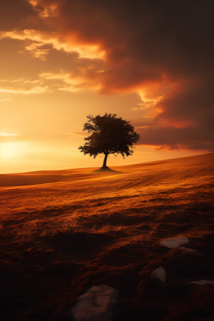 Lonely tree in the meadow at sunset. Beautiful landscape.の素材