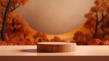 Wooden product display podium in autumn forest. 3D rendering.の素材