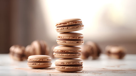 Stack of macaroons on white table. Selective focus.の素材