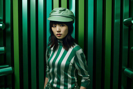 Fashion shot of a beautiful asian woman in a green cap.の素材