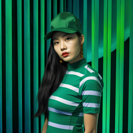 Beautiful asian woman in green dress and baseball cap on green backgroundの素材