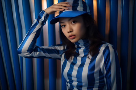 Portrait of a beautiful asian woman in blue and white striped shirt and capの素材
