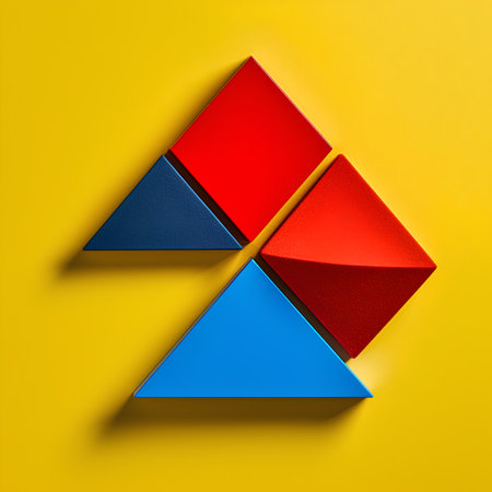 Color tangram puzzle in red, blue and black on yellow backgroundの素材