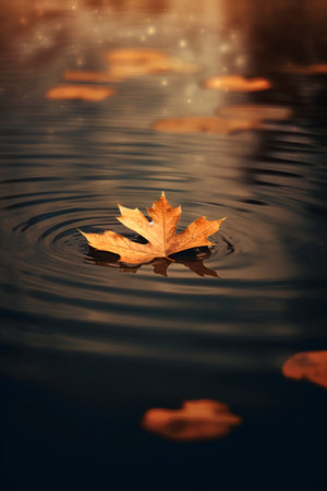 Autumn maple leaf floating on water surface with ripples and bokehの素材