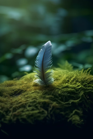 Feather of a bird on a mossy rock in the forestの素材