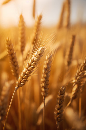 Ears of golden wheat on the field. Shallow depth of field.の素材