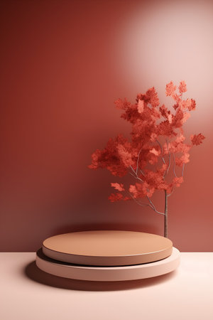 3d render of podium for product presentation with autumn tree in red roomの素材