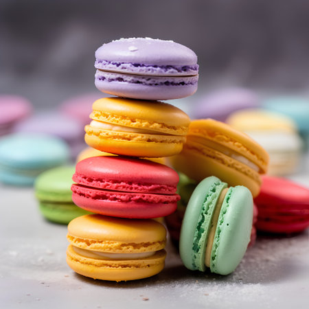 Colorful macaroons on a gray background. Selective focus.の素材