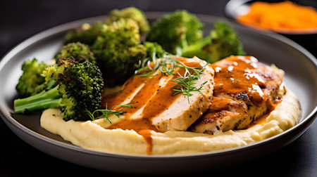 Grilled chicken breast with mashed potatoes and broccoli on a black backgroundの素材