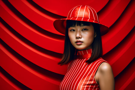 Beautiful asian woman in red hat on red curtain background.の素材