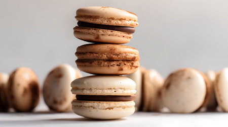 Macaroons stacked on top of each other on a light backgroundの素材