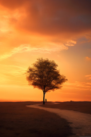 Lonely tree on the beach at sunset. 3D renderingの素材