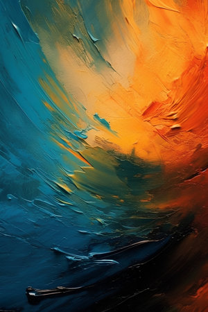 abstract background with blue, orange and yellow oil paint on canvasの素材