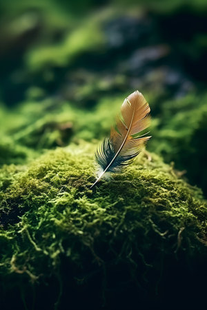 Feather on moss in the forest, soft focus background with space for textの素材