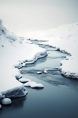 Beautiful winter landscape with a frozen mountain river. Toned.の素材