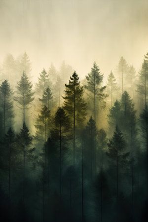 Foggy forest with pine trees in vintage style. Nature background.の素材