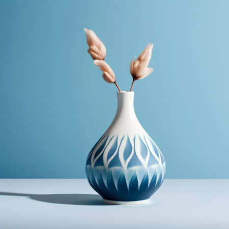 Ceramic vase with feathers on blue background. 3D renderingの素材
