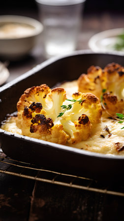 Cauliflower gratin with cheese and herbs in a baking dish.の素材
