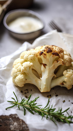 Cauliflower with rosemary and sour cream. Selective focus.の素材