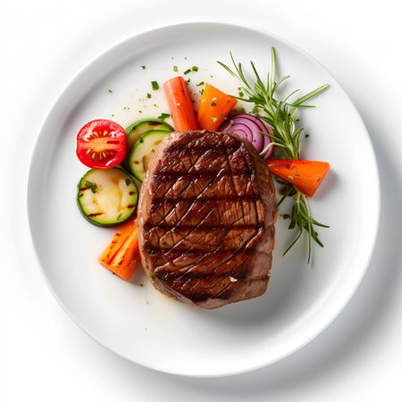 Grilled beef steak with vegetables on white plate. Top view.の素材