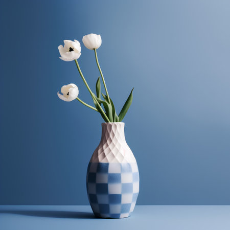 White tulips in a vase on a blue background. 3d renderの素材