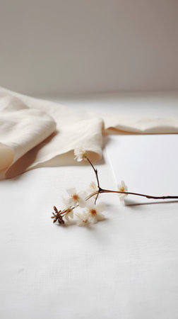 Cherry blossoms on a white background with a blank card.の素材