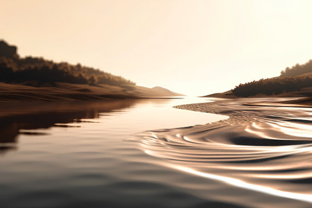 beautiful sunset on the lake with reflection in water, 3d renderの素材