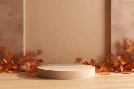 3d render of brown podium for product presentation with autumn leaves.の素材
