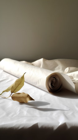 Autumn leaves and rolled paper on a bed in the morning.の素材