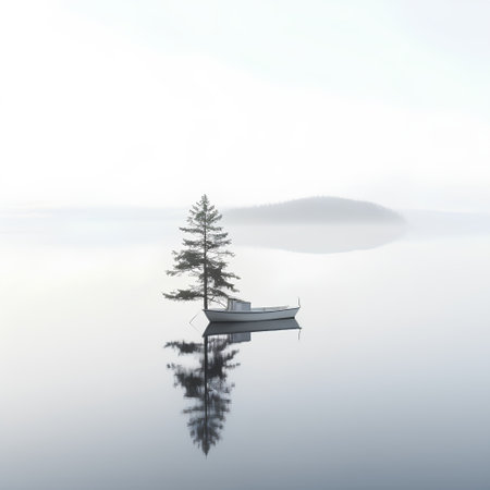 Foggy morning on the lake with a small boat in the foregroundの素材