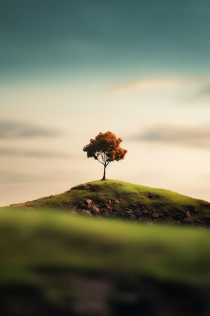 Lonely tree on hill with green grass and blue sky backgroundの素材