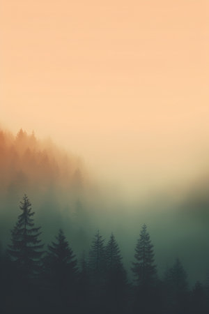 Foggy morning in coniferous forest. Nature background.の素材