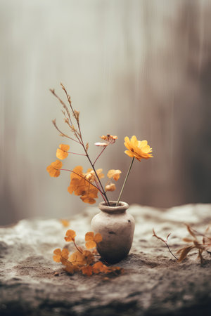 Yellow flowers in a vase on a stone with a blurred backgroundの素材