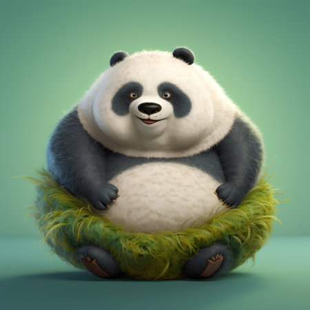Panda sitting in a nest of green grass. 3d illustrationの素材