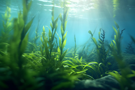 Aquatic plants under water. Underwater background. 3d renderingの素材