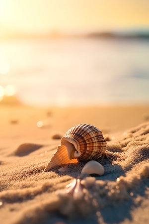 Seashell on the beach at sunset. Shallow depth of fieldの素材