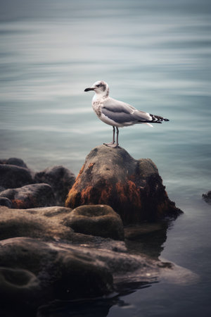 Seagull sitting on a rock in the sea. Toned.の素材