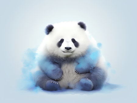 cute panda sitting on a blue background. 3d renderingの素材