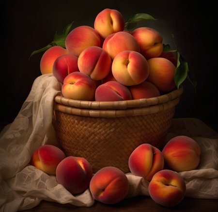 Ripe peaches in a basket on a wooden table, dark backgroundの素材
