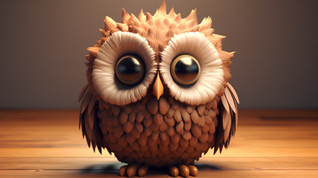 Cute cartoon owl on a wooden background. 3d illustration.の素材