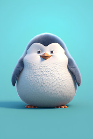 Cute penguin isolated on blue background. 3D illustration.の素材