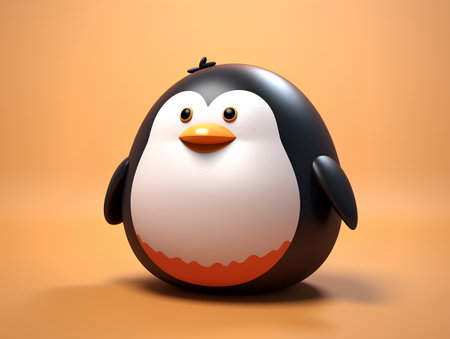 Cute penguin isolated on orange background. 3D illustration.の素材