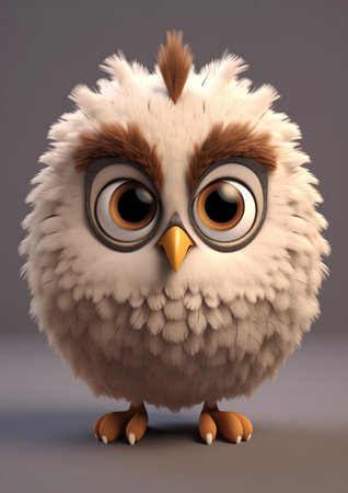 Cute owl with big eyes, 3d rendering, gray backgroundの素材